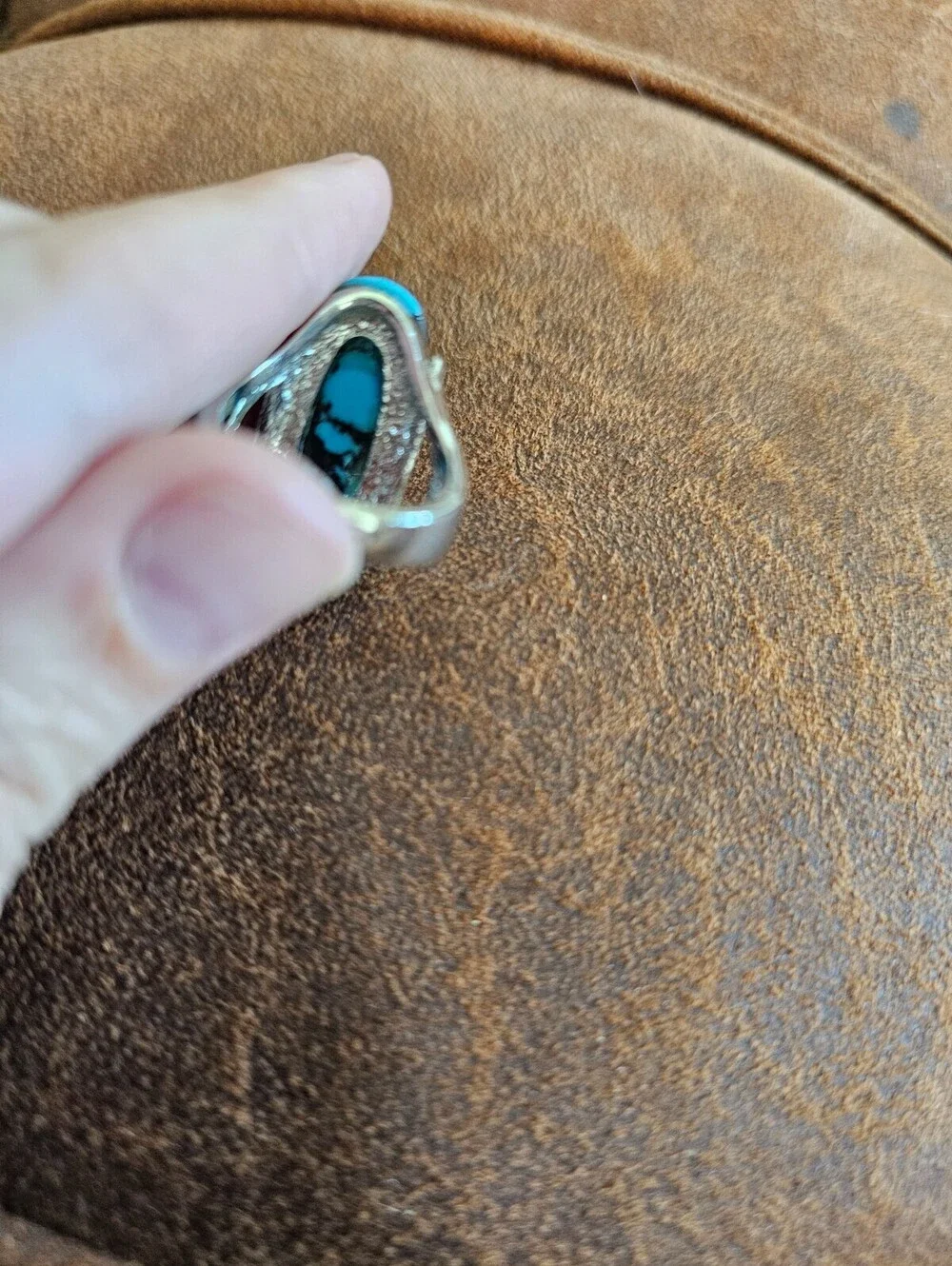 Vtg elongated cabochon (smooth, polished) turquoise stone Ring Sz 7.5